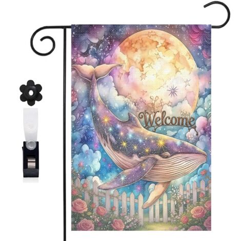 Drapeau de jardin 30 x 45 cm motif baleine et décor océan fantastique toile double face pour extérieur (1/5)