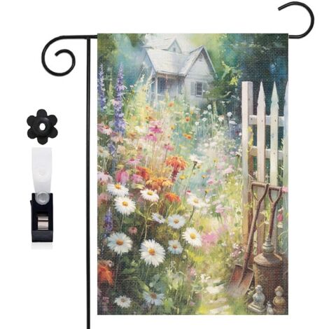 Drapeau vertical outils de jardinage et fleurs multicolores 30 x 45 cm décoration jardin d'été (1/5)