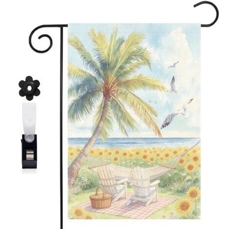 Drapeau de jardin palmier et mouettes pour l'été 30 x 45 cm décoration porche et entrée (1/5)