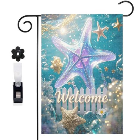 Drapeau de jardin décoratif 30 x 45 cm motif étoiles de mer et perles marines toile double face durable (1/5)