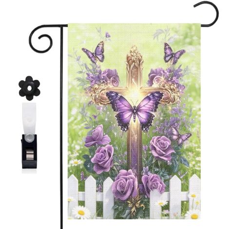 Bannière de cour Welcome et composition de croix et fleurs 30 x 45 cm décoration extérieure et intérieure (1/5)