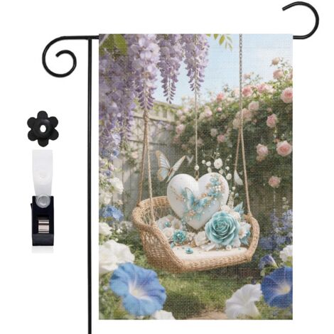 Drapeau de jardin papillons et cœur avec roses turquoise 30 x 45 cm décoration terrasse et extérieur (1/5)