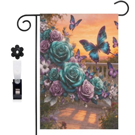 Bannière de cour papillons bleus et bouquet floral 30 x 45 cm décoration porche et maison (1/5)