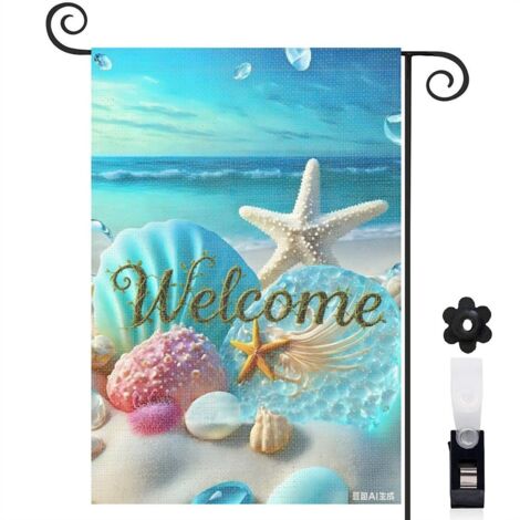 Drapeau de jardin décoratif 30 x 45 cm motif coquillages marins et eau turquoise toile double face (1/5)