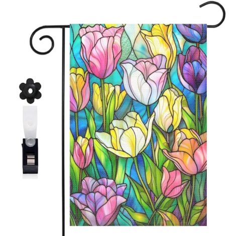 Drapeau de jardin fond bleu et composition de tulipes 30 x 45 cm décoration terrasse et extérieur (1/5)