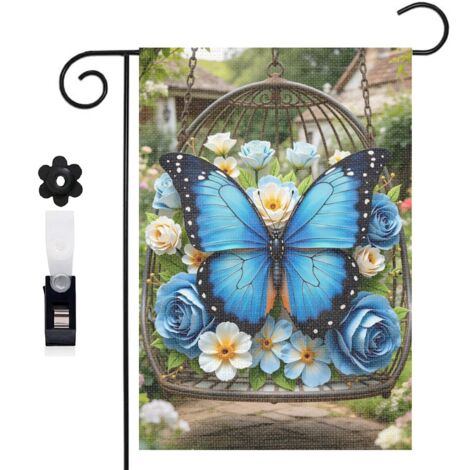 Drapeau vertical fleurs blanches et papillon bleu 30 x 45 cm décoration saisonnière cour (1/5)