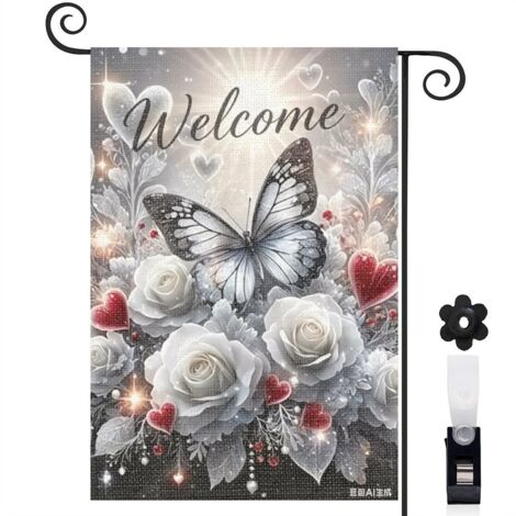 Drapeau de jardin décoratif 30 x 45 cm motif papillon et fleurs style vintage toile double face pour terrasse (1/5)