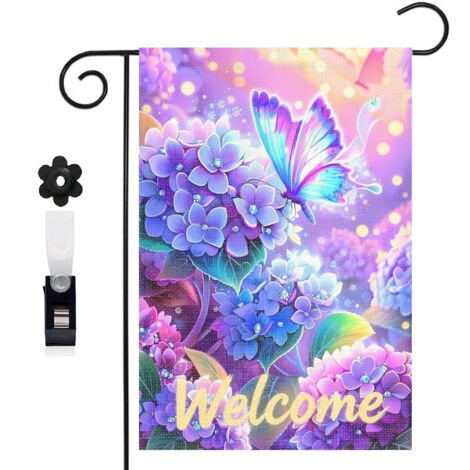 Drapeau de jardin 30 x 45 cm motif hortensia et papillon élégant toile double face pour jardin et terrasse (1/5)
