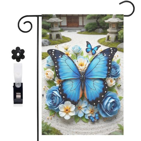 Bannière de cour ambiance printanière et papillon bleu 30 x 45 cm décoration extérieure et intérieure (1/5)