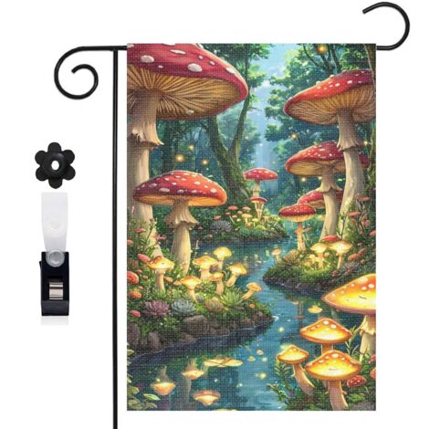 Drapeau de jardin décoratif 30 x 45 cm motif champignons et sous bois toile double face durable (1/5)
