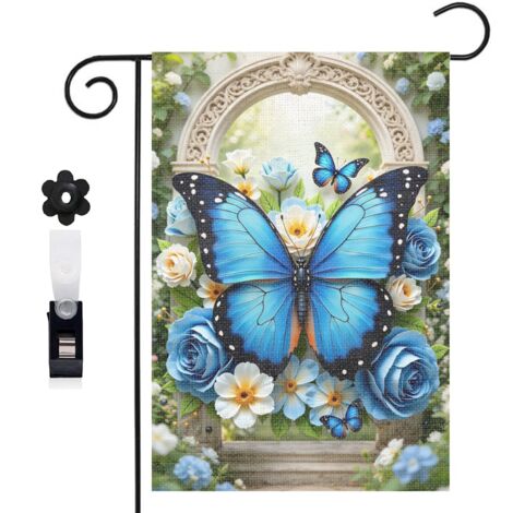 Drapeau de jardin Welcome et papillon bleu transparent 30 x 45 cm décoration extérieure jardin (1/5)