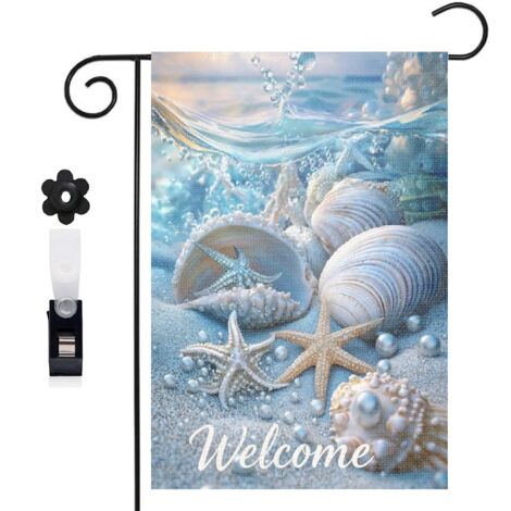 Drapeau de jardin décoratif 30 x 45 cm motif coquillages et perles style océan toile double face (1/5)