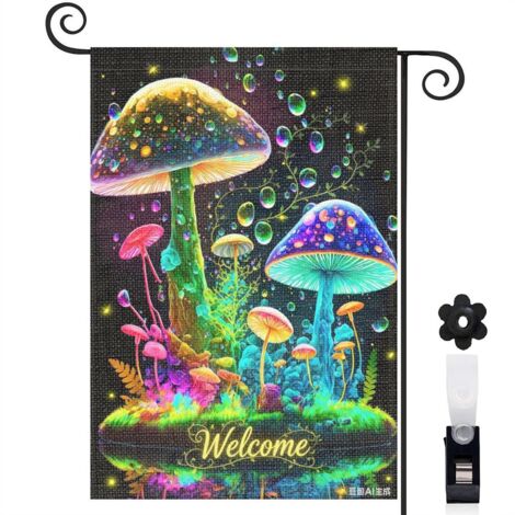 Drapeau de jardin décoratif 30 x 45 cm motif champignons multicolores et inscription bienvenue toile double face (1/5)