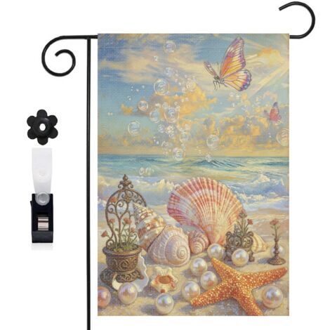 Drapeau de jardin 30 x 45 cm motif coquillages étoiles de mer et perles style été toile double face (1/5)