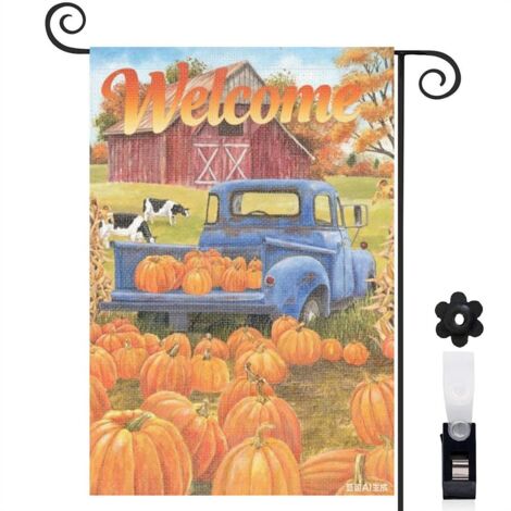 Drapeau de jardin automne 30 x 45 cm motif citrouilles et camion ancien toile double face résistante pour extérieur (1/5)