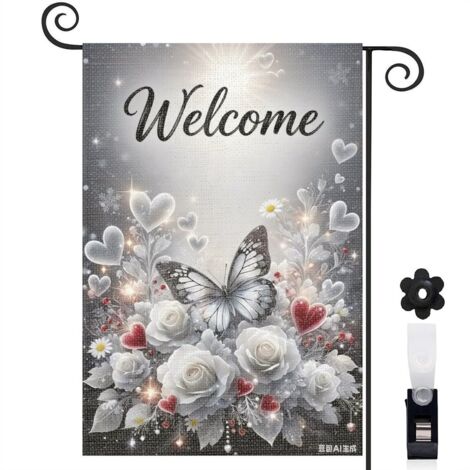 Drapeau de jardin printemps été 30 x 45 cm motif fleurs et papillon toile durable double face pour cour et balcon (1/5)