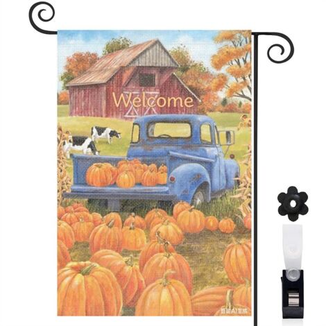 Drapeau de jardin décoratif 30 x 45 cm motif camion vintage et courges toile double face pour décoration extérieure (1/5)