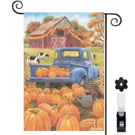Drapeau de jardin décoratif 30 x 45 cm motif récolte automnale et camion vintage toile double face (1/5)