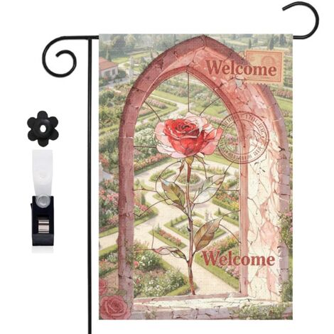Drapeau vertical arche gothique et rose rouge 30 x 45 cm décoration saisonnière cour (1/5)