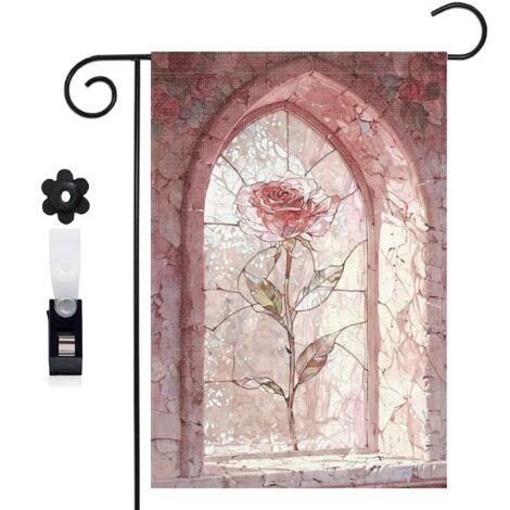 Drapeau de jardin vitrail et rose rouge romantique 30 x 45 cm décoration extérieure jardin (1/5)