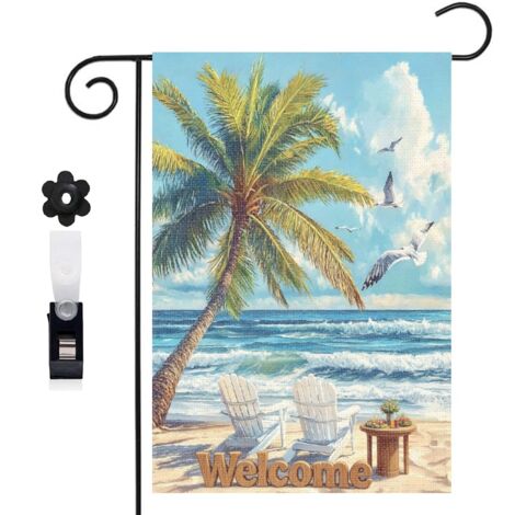 Drapeau vertical mouettes et palmier tropical 30 x 45 cm décoration saisonnière cour (1/5)