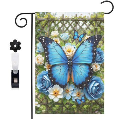 Bannière de cour papillons bleus et roses bleues 30 x 45 cm décoration maison de campagne (1/5)