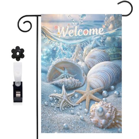 Drapeau de jardin 30 x 45 cm motif étoiles de mer coquillages et perles toile double face pour extérieur (1/5)