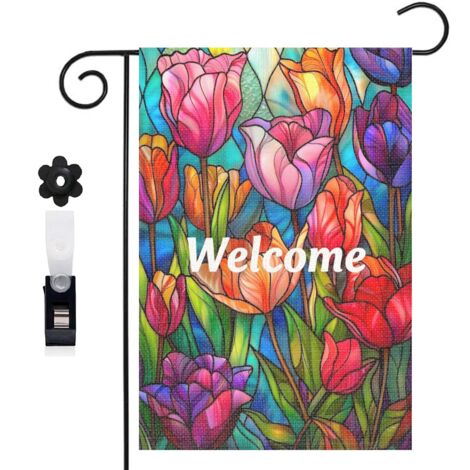 Drapeau vertical style vitrail et tulipes printanières 30 x 45 cm décoration saisonnière cour (1/5)