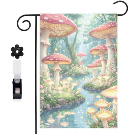 Drapeau de jardin 30 x 45 cm motif champignons et ambiance boisée toile double face pour extérieur (1/5)