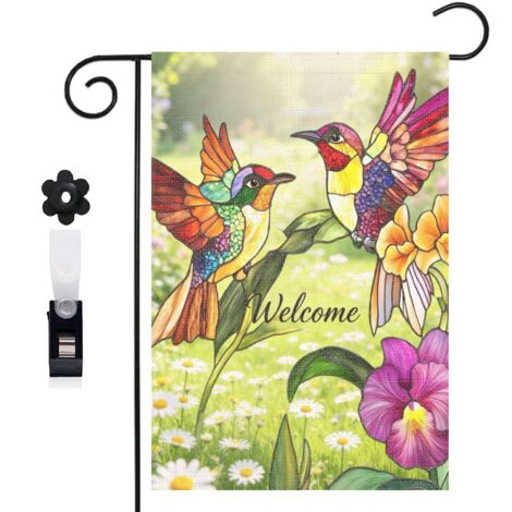 Drapeau de jardin colibris colorés et fleurs 30 x 45 cm décoration extérieure jardin (1/5)