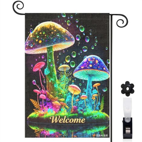 Drapeau de jardin décoratif 30 x 45 cm motif champignons lumineux style conte de fées toile double face (1/5)