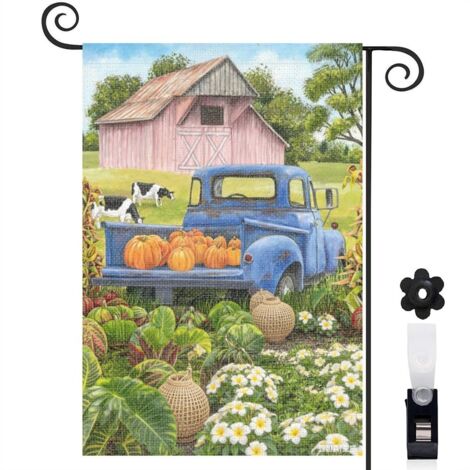 Drapeau de jardin automne 30 x 45 cm motif camion et citrouilles style ferme toile double face extérieure (1/5)