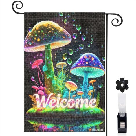 Drapeau de jardin 30 x 45 cm motif champignons colorés et ambiance magique toile double face durable (1/5)