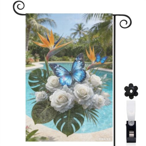 Drapeau de jardin printemps été 30 x 45 cm motif papillon et fleurs naturelles toile double face (1/5)