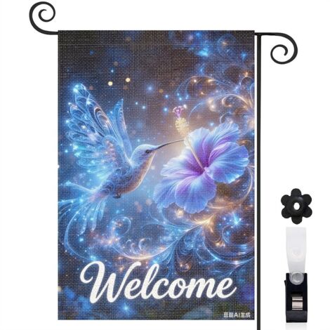 Drapeau de jardin décoratif 30 x 45 cm motif colibri et fleurs toile double face résistante aux intempéries pour extérieur terrasse (1/5)
