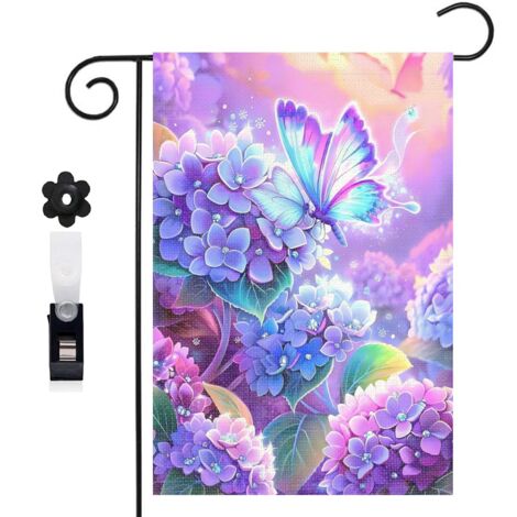 Drapeau de jardin 30 x 45 cm motif hortensias et papillon féerique style nature toile double face (1/5)