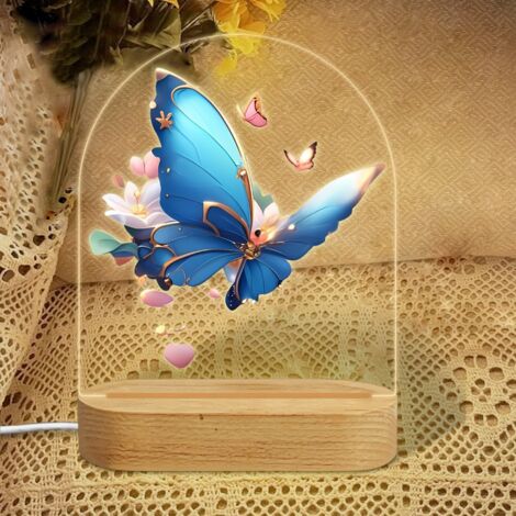Veilleuse en forme d'arc avec papillon bleu, fleurs et cœurs Lampe LED 7 couleurs Décoration chambre enfant Cadeau fille garçon (1/5)