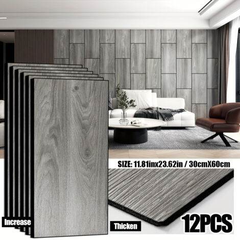 Lot de 12 Panneaux Muraux – Bois Vintage – Épaisseur 4,5 mm – Texture 3D – Autocollants – Pour Chambre, Salon, TV, Café Aspect bois gris vintage