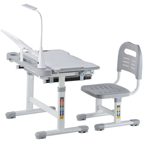 Ensemble mobilier scolaire enfant – Bureau avec chaise – Plateau 0–40° réglable – Lampe incluse – Couleur grise (1/5)