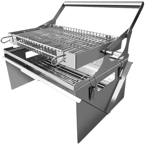 Grill charbon inox portable avec panier rotatif, barbecue de camping, structure robuste, facile à nettoyer, idéal jardin et cuisine extérieure (1/5)
