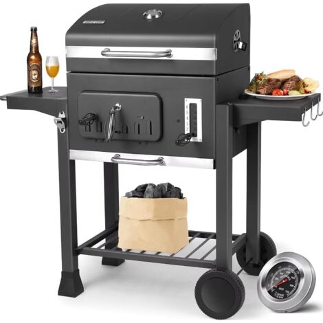 Grill charbon de bois XXL grande surface, plateau réglable en hauteur, tables latérales, chariot mobile, parfait pour cuisine extérieure et jardin