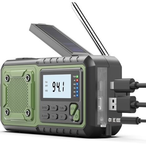 Radio à manivelle d'urgence 4000mAh, Radio d'alerte météo AM FM NOAA, affichage numérique, manivelle alimentée à 4 voies, Radio solaire, Vert armée (1/5)