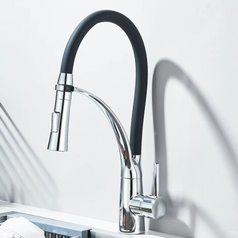 Robinet mitigeur de cuisine en caoutchouc, robinets de pulvérisation à jet extractible, robinet d'eau chaude et froide, robinet de cuisine à une poignée-Chrome (1/5)
