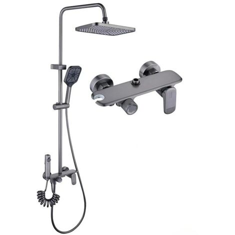 Ensemble de douche mural pour salle de bain avec robinet à quatre sorties d'eau, commande type bouton, douche effet pluie et pressurisée (1/5)