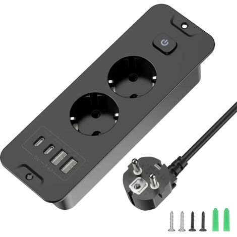 Multiprise de bureau intégrée aux normes européennes avec 2 prises secteur AC, 2 ports USB, 2 ports de charge Type-C, câble de 2 m, Noir (1/5)