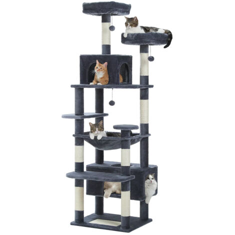 Grand arbre et tour pour chats d'intérieur, avec postes à gratter recouvertes de Sisal, hamac spacieux, perchoirs rembourrés et condos, jouets pour chats-184cm-Gris foncé (1/4)