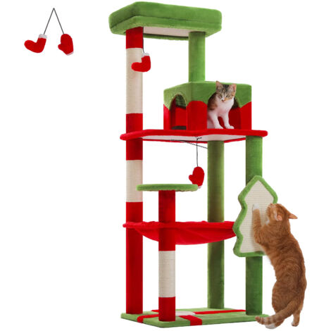 Arbre à chat pour chats d'intérieur, tour à chat à 5 niveaux pour grands chats avec grand hamac, poteaux à gratter couverts en Sisal, perche supérieure confortable pour Condo-Rouge (1/5)