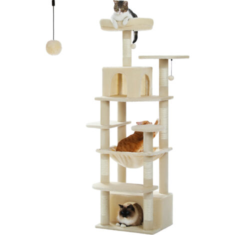 Grand arbre et tour pour chats d'intérieur, avec postes à gratter recouvertes de Sisal, hamac spacieux, perchoirs rembourrés et condos, jouets pour chats-164cm-Beige (1/5)