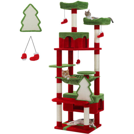 Grand arbre et tour pour chats d'intérieur, avec postes à gratter recouvertes de Sisal, hamac spacieux, perchoirs rembourrés et condos, jouets pour chats-184cm-Rouge (1/4)