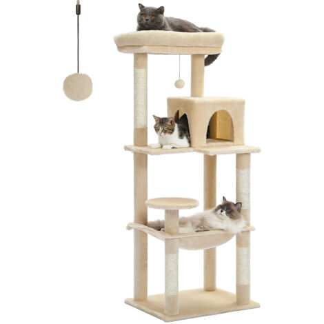 Arbre à chat pour chats d'intérieur, tour à chat à 5 niveaux pour grands chats avec grand hamac, poteaux à gratter couverts en Sisal, perche supérieure confortable pour Condo-Beige (1/5)